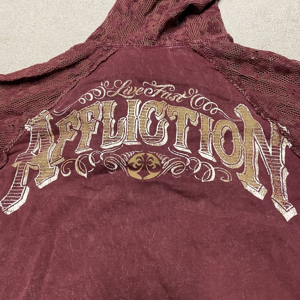 Affliction Hoodie Womens Large Maroon Lace V Neck Tie Y2K Skull Grunge Flaw Read - Picture 5 of 10